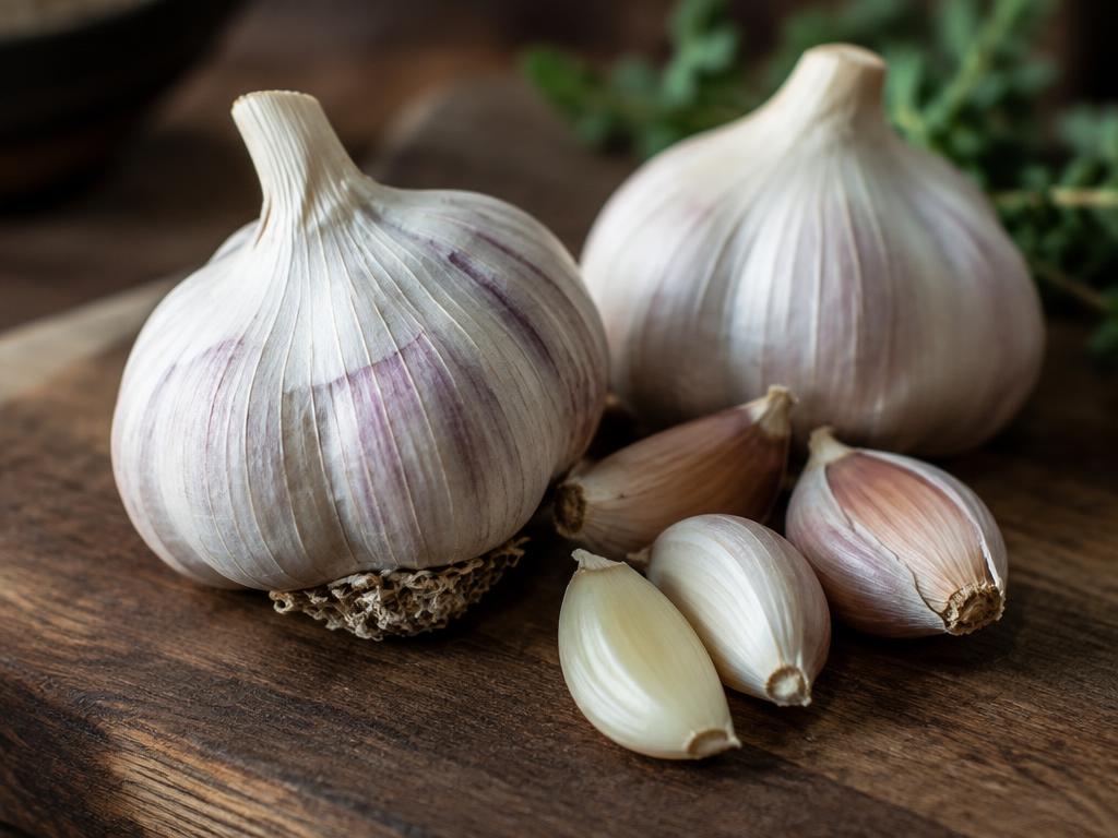 Whole garlic bulbs and cloves on a wooden board