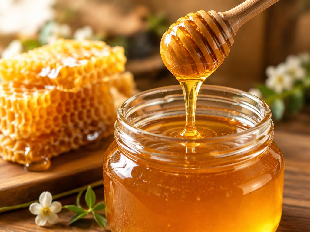Raw honey dripping from a wooden dipper into a jar